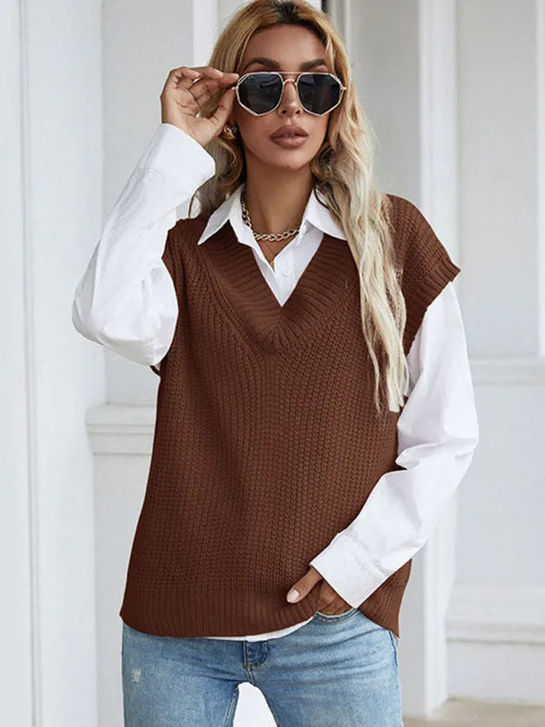 Women's solid color v-neck knitted sweater vest