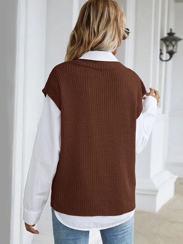 Women's solid color v-neck knitted sweater vest