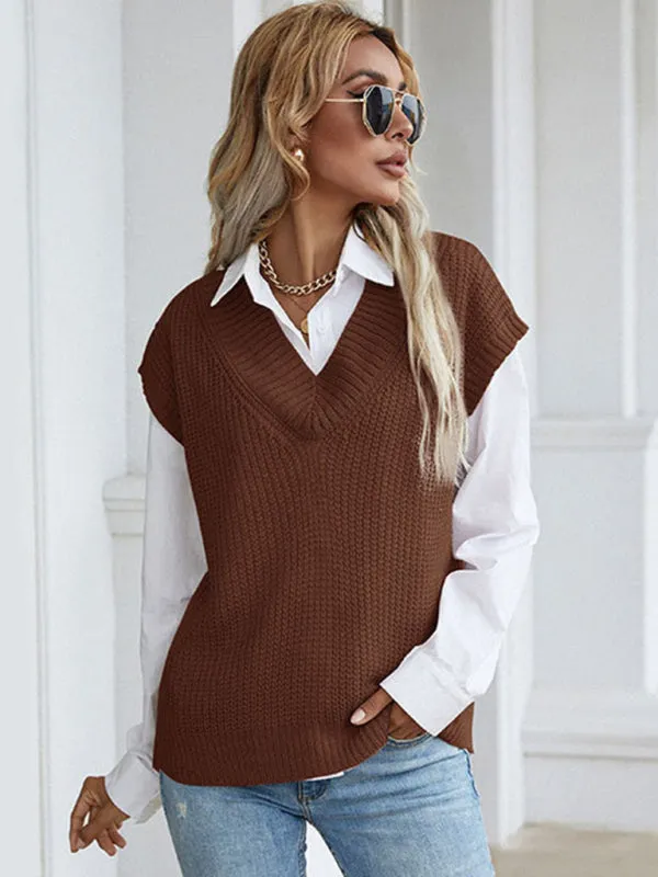 Women's solid color v-neck knitted sweater vest