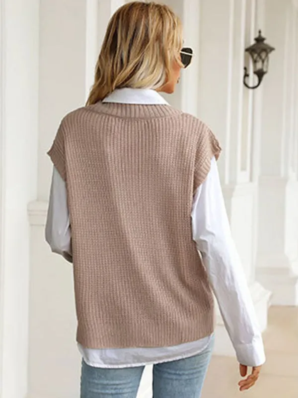 Women's solid color v-neck knitted sweater vest