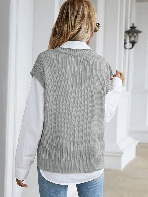 Women's solid color v-neck knitted sweater vest