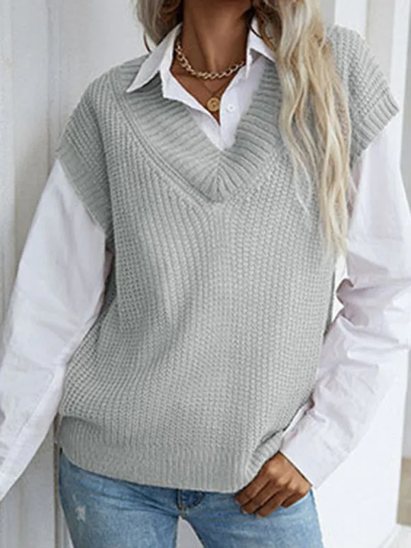 Women's solid color v-neck knitted sweater vest