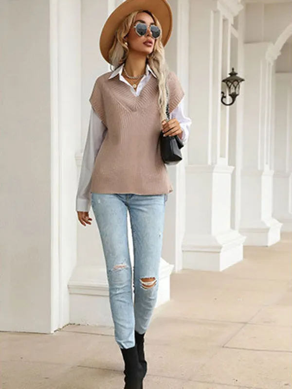 Women's solid color v-neck knitted sweater vest