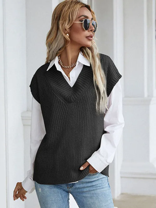 Women's solid color v-neck knitted sweater vest