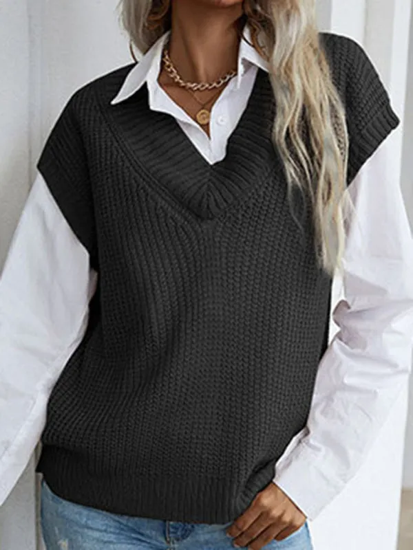 Women's solid color v-neck knitted sweater vest