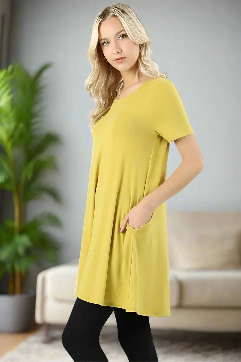 Womens Yellow Pocket Dress | Short Sleeve Midi Dress