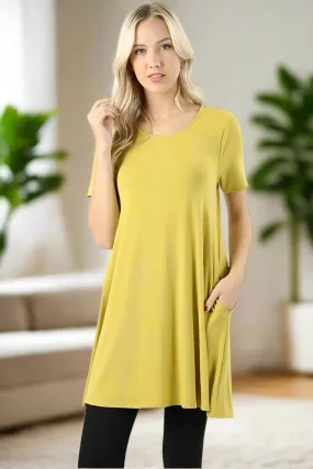 Womens Yellow Pocket Dress | Short Sleeve Midi Dress