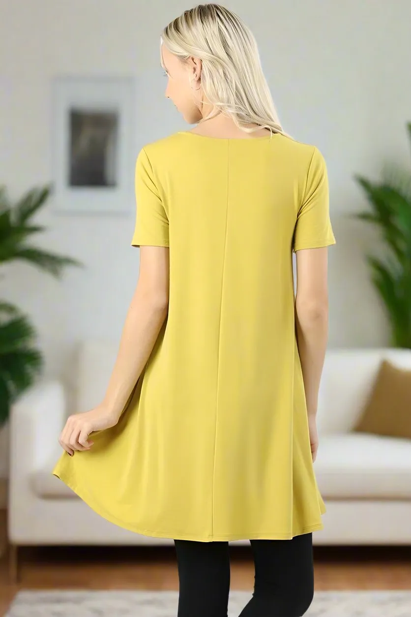 Womens Yellow Pocket Dress | Short Sleeve Midi Dress