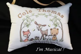 Woodland Animals Music Box Pillow -- Personalized Embroidered Baby MUSICAL Keepsake