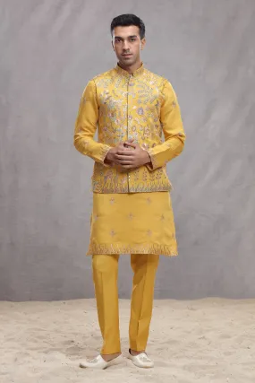 Yellow Silk Koti & Kurta with Floral Thread Work