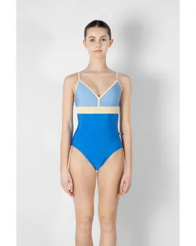 Yumiko Zoe Colour Block V Front High Cut Camisole Leotard - Womens - Sky / Moontide / Vanilla