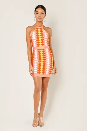 Zegler Halter Neckline Orange Multi-Color Mini Dress